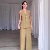 Fongt Women's Temperament Elegant Solid Color V-Neck Sleeveless Vest High-Rise Broad Leg Trousers Set
