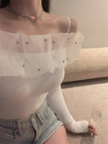 Neck T Shirts Girls Patched Beading Ruffles Stretch Tshirt Top Women Spring Summer Slim Tees-Outfit