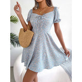 Women Summer Print A-Line Dress Shrinkage Design Bandage Decor Square Collar Flare Sleeve High Waist Slim Mini