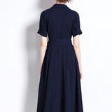 Fongt Fine-Cooked High-End Collar Short-Sleeved Long Dress Temperament Strap Solid Color To Close The Waist Sister Thin Women's Clothing