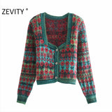 2021 Women Vintage Square Collar Flower Print Jacquard Knitting Sweater Female Long Sleeve Chic Cardigans Coat Tops