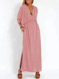 Fongt Summer 2025 Fashion Solid Color High Waist Open Fork Short Sleeve Dress