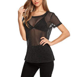 Fongt Women's High Bullet Silver Mesh Hollow-Out Long Sleeve Top Sexy Mesh Perspective Smock