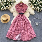 Fongt 2025 New Clip Short Sleeves Lightly Knee Vintage Printed Dress Elegant Waist Grand Slap