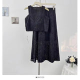 Fongt Retro Hollow Hook Design Set Women's Summer Sleeveless Vest Top High Waist Tight Skirt
