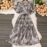 Fongt French Crumlom Dyed Summer New Waist Display Thin And Long Elegant Folded Chiffon Dress Holiday Woman
