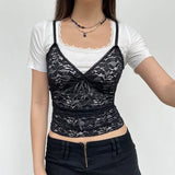 Hot Girl Style Perspective Lace Thin Tie Splicing V-Collar Slim Solid Color Sling Vest 2024-Outfit