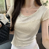 Minority Design Temperament Texture Fabric Spliced Shoulder Short-Sleeved T-Shirt Women's Summer 2024 New