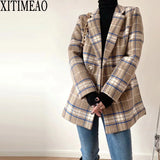 XITIMEAO New Women Casual Woolen Coat Blazer Office Lady Plaid Slim Suit Coat Double Breasted Thickening Ladies