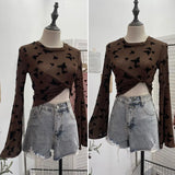 Real Shooting Spice Girl Butterfly Shiny Shiny Mesh Yarn Long-Sleeved T-Shirt Horn Sleeve Short Repair Body Jacket