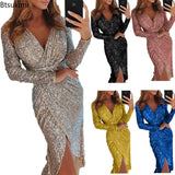 2023 Spring Summer Gold Sliver Green Sequined Party Dress Women Front Split Bodycon Party Vestidos Bling Clubwear