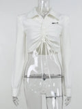 Drawstring Top Turn Down Folds Letter Embroidery Ladies Sexy Long Sleeve Waist Cute 2021 Autumn Basic Casual