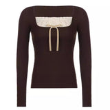 Stitching Lace Bow Knot Square Collar Knitted Tee-Outfit