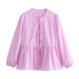 New Bow Knot Lock Color Loose Casual Shirt Blouse-Outfit