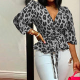 Deep V-Neck Leopard Print Belted Fashion