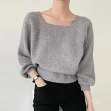 New Style Square Collar Bubble Lantern Sleeve Blouse Short Style Loose Knitted Sweater Woman-Outfit