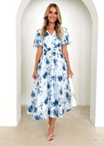 Fongt Spring Summer New Long Women's Bubble Sleeve High-End Print Sexy Style Women's Dress Dress