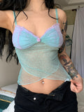 Fongt Bo Butterfly Embroidery Design Mesh Splicing Sling Sling Vest Sexy Perspective V Collar On-Back