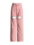 Fongt Style Autumn 2024 New Middle Waist Long Straight Cylinder Set Diamond Hollow Out Design Women's Solid Color Jeans-Outfit
