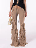 Fashion Women Ruffles Long Flare Pants Solid Color Low Waist Stretch Bell-Bottom Summer Fall Trousers Streetwear 2024-Outfit