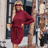 Fongt Autumn And Winter Women's Casual Solid Color Knit High-Neck Long-Sleeved Dress Women-Outfit