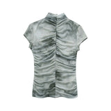 New Silk Screen Printing Pleated Trim Blouse 3067054-Outfit