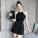 Fongt Pleated Slim Sleeveless Short Wide-Leg Pants With Pocket Jumpsuits-Outfit