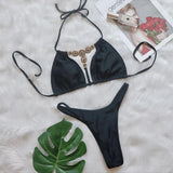Fongt New Bikini Crystal Diamond Split Women's Swimsuit Plain Color Strap