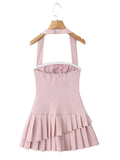 Fongt Style Dress Women 2025 Spring New Temperament Elegant Hanging Neck Sleeveless Solid Color High-Rise 100-Folded