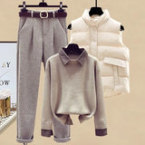 Winter Warm Matching Suits For Womens Knitted Sweater+parkas Vest+tweed Pants Sets Office Ladies Elegant Three Pieces