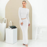 Autumn Solid Round Collar Long Sleeves Half-Length Skirt Slim Suit 2023 Casual Women Two-Piece Set-Outfit