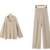 Fongt Women's INS Burst Street Style Loose-Fitting Collar High-Waisted Trousers Knitted Sweater Set