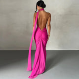 One Shoulder Backless Adjustable Scarf Loop Ruched Sexy Maxi Dress Women Elegant Y2K Streetwear Festival Outfit-Outfit