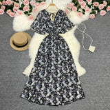 Fongt Wind Temperament Sweet Broken Flower V Collar Dress Beach Vacation Snow Spinning A Word Long Skirt-Outfit