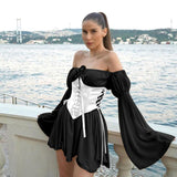 Fongt Strapped Waist Horn Sleeve Dress Set Women's Summer Sexy Commuting