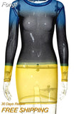 Color Blocking Mesh See Through Slim Mini Dress Women Long Sleeve Casual Party Vestidos 2023 Spring Fall Lolita Y2K