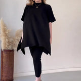 Fongt 2025 New Solid Color Round Neck Large-Size Short-Sleeved Knitted Shirt Casual Set