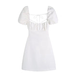 Fongt New Spring 2023 Square Collar Solid Color Versatile Bubble Sleeve Back Band Open Back Dress-Outfit