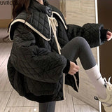 Sweet Warm Cotton Coats Women Cute Turndown Collar Loose Casual Padded Jacket Solid Color Single Breasted Office Clothes-Outfit