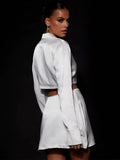 Dress Set Women Outfits Bandage Long Sleeve Crop Top Diamond Mini Skirt Sets White Streetwear Chic Black Two Piece