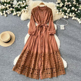 Fongt Retro Hollow Hook Lace Splicing Bow Strap With Waist Single Buckle Over Knee Dress New Autumn New