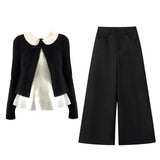 Fongt High-Grade Black Knitted Cardigan Doll Collar Bottom Shirt Jersey Trousers Three-Piece Set