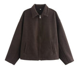 Fongt Women's Explosion Vintage Brown Zipper Long Sleeve Short Coat