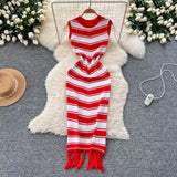 Fongt Slimming Striped Tuxedo Sweater Dress With Thin Knitted Dress Temperament Elegant