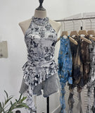 Trend Irregular Hanging Neck Dyeing Net Yarn Vest Lotus Side Ribbon Short Sleeveless Top