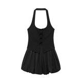 Fongt The Autumn Of 2025, The New Women's Sleeveless Body-Free Sexy Bare Back Hanging Neck Fluffy Dress