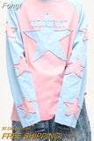 Star Embroidery Y2K Pullover Women's Contrast Patch Harajuku Dress Long Sleeve Preppy Long Sports