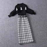 Women Autumn Winter Two Pieces Sets Office Ladies Clothing Set Turtleneck Knitted Sweaters And Tweed Plaid long Skirts