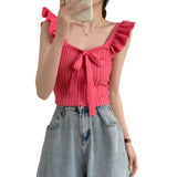 Fongt Care Machine Sling Women's Summer New Vest Solid Color Bow Tie With Short Lotus Leaf Tops