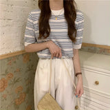 Fongt New Korean Version Of Simple Retro Slimy Loose T-Shirt Small Thin Striped Short-Sleeved Knitted Top